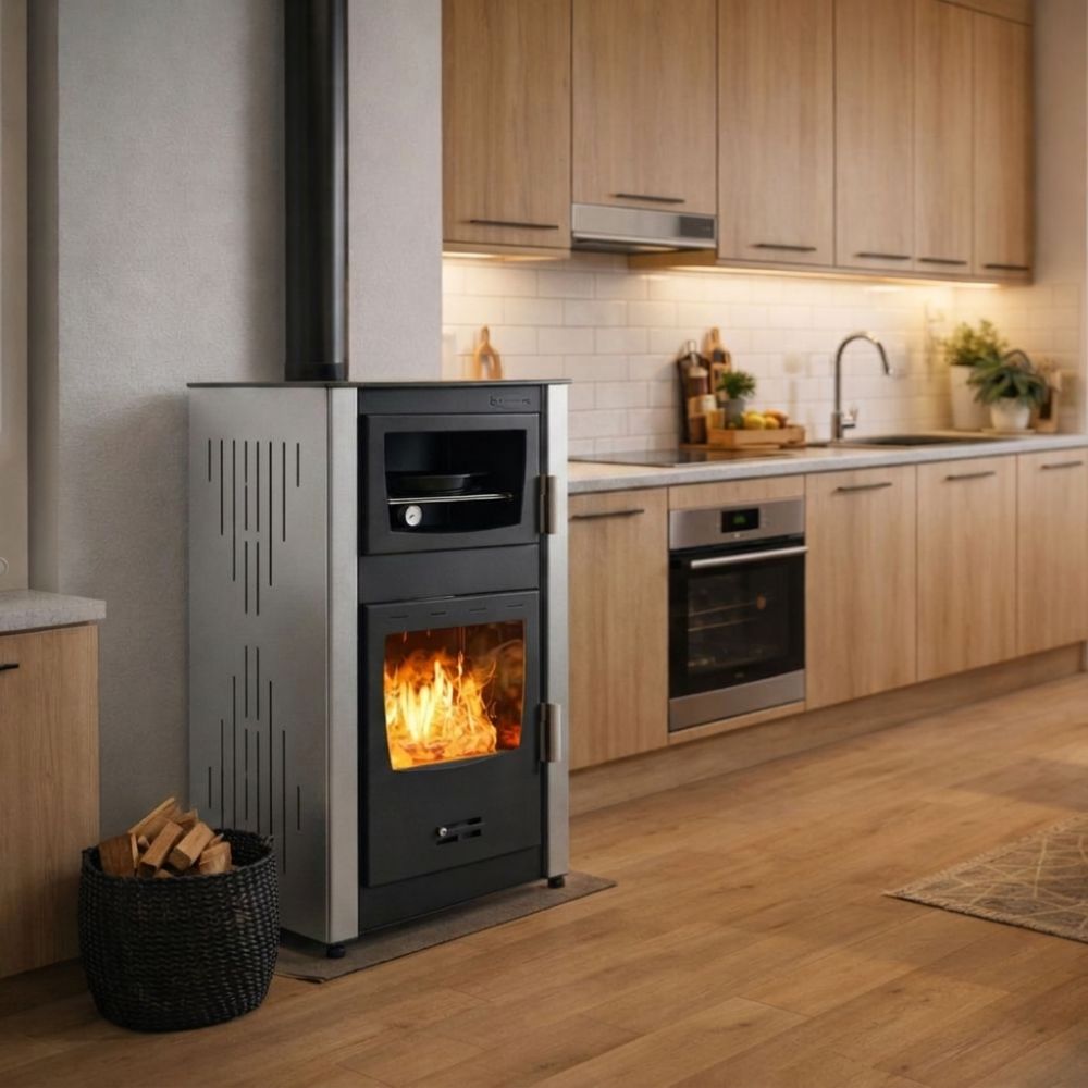 Кrbová kamna s teplovodním výměníkem s troubou Velmora Fire ATS HYDRO ΜΑSΙΝΑ 90-25 šedá, 25kW | Kamna na dřevo | Krbová kamna |