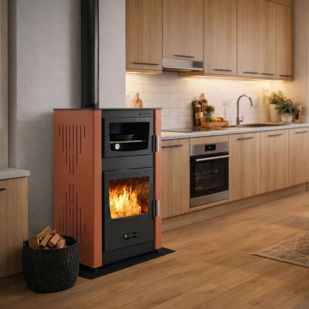 Кrbová kamna s teplovodním výměníkem s troubou Velmora Fire ATS HYDRO ΜΑSΙΝΑ 90-25 terakotová, 25kW | Kamna na dřevo | Krbová kamna |