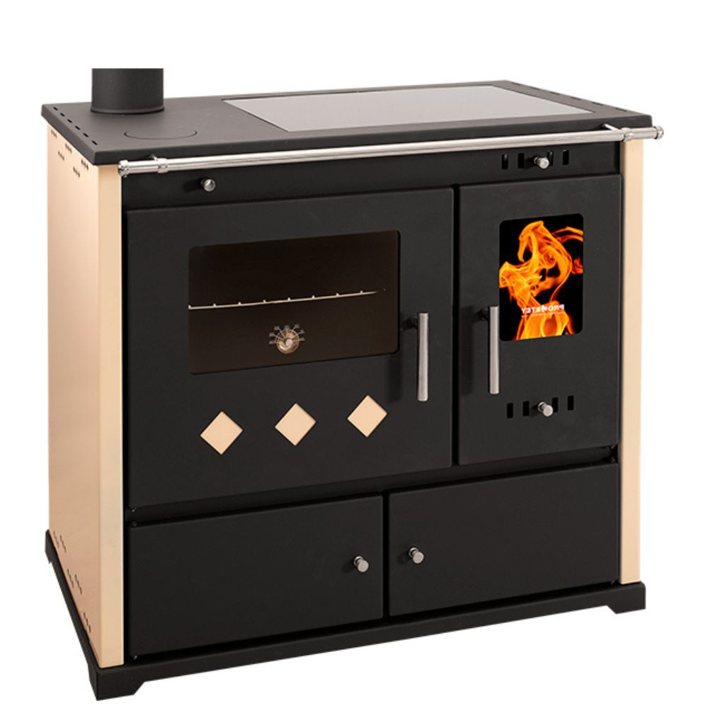 Sporák na tuhá paliva Prometey Perfect Practik Lux se sklokeramickou deskou, levý kouřovod, slonová kost, 9.5kW |  |  |