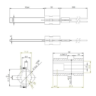 Nízkonapěťové topné těleso pro peletová kamna, celková délka 122mm, 120W až 24V - Topné těleso na peletová kamna