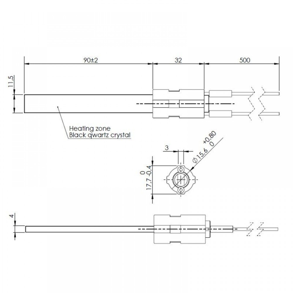 Topné těleso s černým křemenným krystalem pro peletová kamna, celková délka 122mm, 300W | Topné prvky | Díly krbů na pelety |