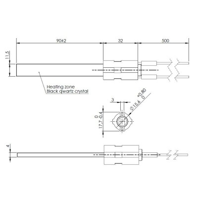 Topné těleso s černým křemenným krystalem pro peletová kamna Eco Spar, BURNiT, Palazzetti, VistaFlame, Whitfield, Lennox a další, celková délka 122mm, 400W - Náhradní díly na peletová kamna