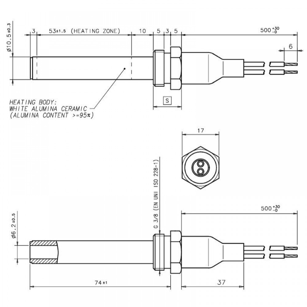 Keramické topné těleso pro peletová kamna, celková délka 88mm, 250W | Topné prvky | Díly krbů na pelety |